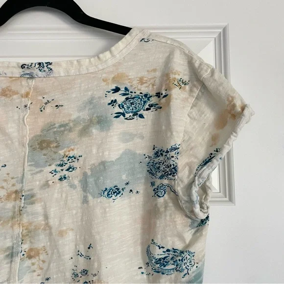 Anthropologie Pilcro Cream and Blue Patterned Cotton Short Sleeve Top - Picture 8 of 9